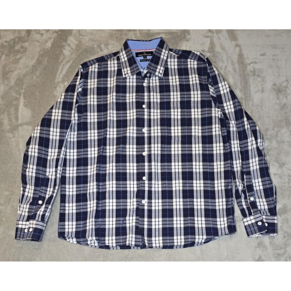 Classic Collection Mens Shirt L‎ Blue White Plaid Chest Pocket Button Down